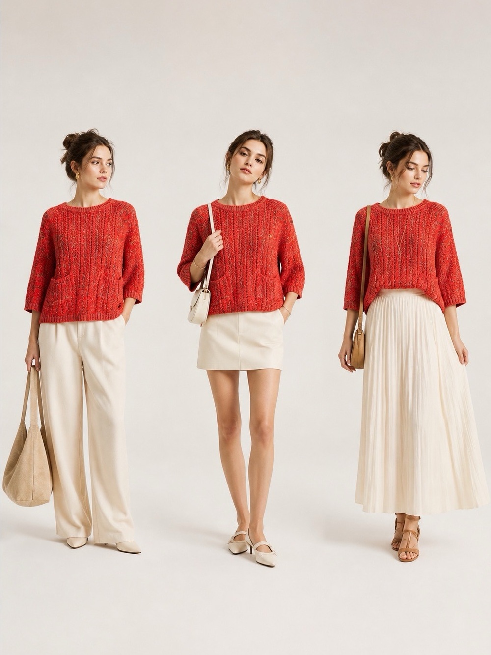 Moth Coral Textured Crewneck Sweater with Patch Pockets